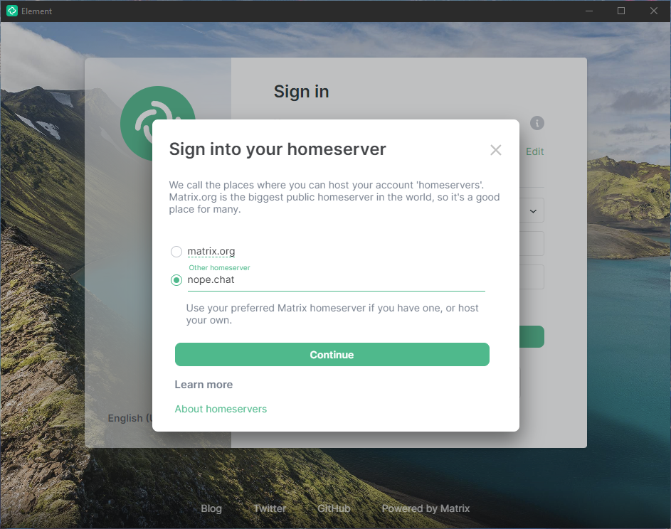 Matrix Element Homeserver Screen