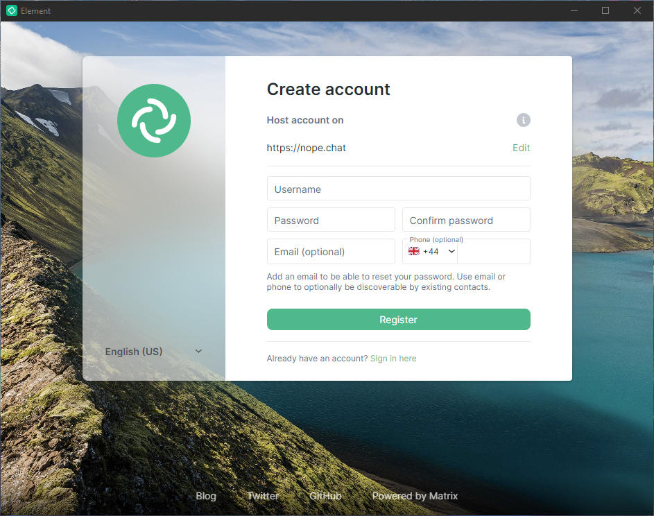 Matrix Element Create account Screen