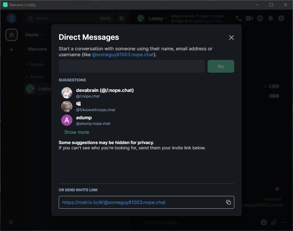 Matrix Element Direct Message Screen