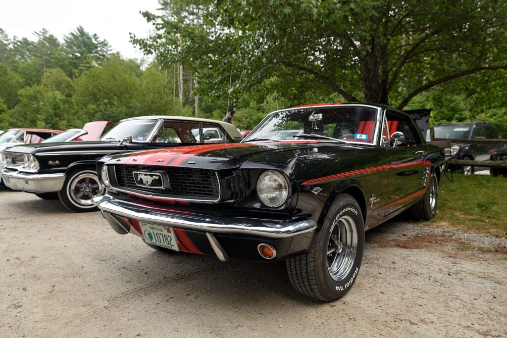 An black with red stripes 1960's Ford Mustang parked on a grassy lot with trees and other classic cars around.