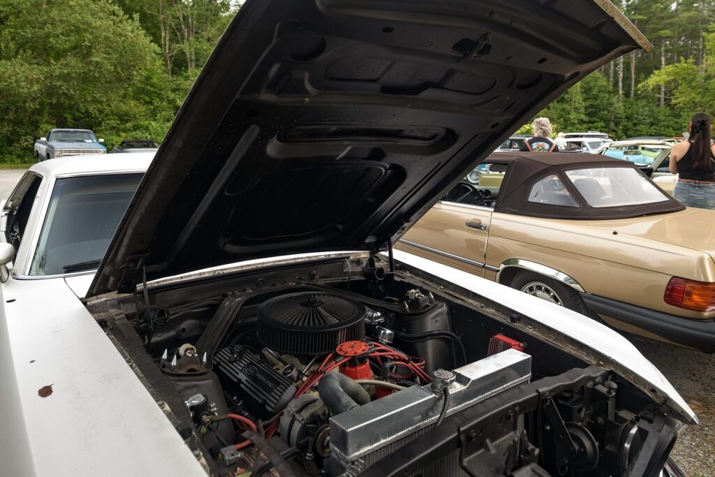 A photo of a white Ford Mustang's open hood revealing its engine, with a beige convertible car parked nearby at an outdoor car show. People are visible in the background near other classic cars, with green trees and a gravel lot surrounding the scene.